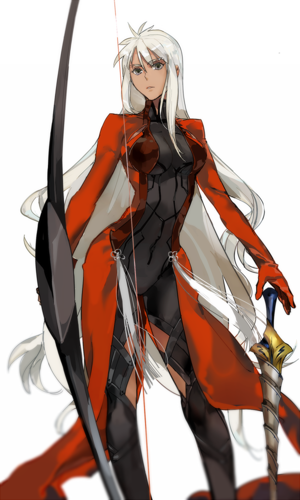 1girl archer_(fate) bodysuit bow_(weapon) breasts breasts_apart crimo fate_(series) female_focus floating_hair genderswap genderswap_(mtf) grey_eyes holding holding_bow_(weapon) holding_weapon large_breasts long_hair parted_lips silver_hair simple_background solo standing very_long_hair weapon white_background