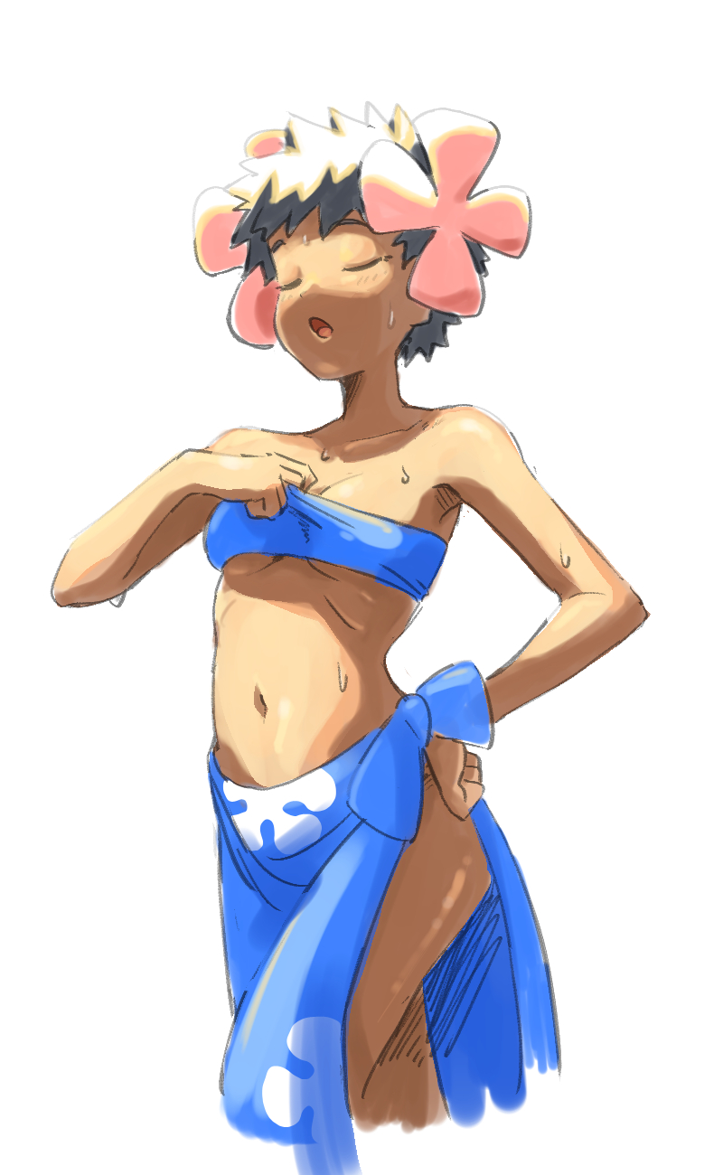 1girl :o bandeau black_hair blue_bandeau blue_sarong breasts closed_eyes commentary_request flower hair_flower hair_ornament hand_on_own_hip hand_up highres navel nintendo open_mouth phoebe_(pokemon) pink_flower pokemon pokemon_rse sarong short_hair simple_background solo sweat tongue u4_99384295 white_background