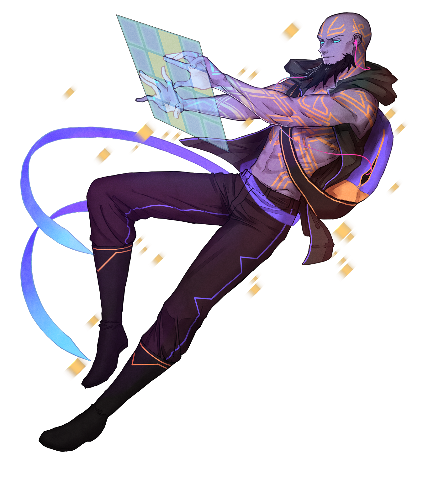 1boy alternate_costume bag bald beard black_hair blue_eyes boots colored_skin facial_hair full_body headphones highres holographic_interface indseind league_of_legends male_focus purple_skin ryze solo tattoo topless_male transparent_background