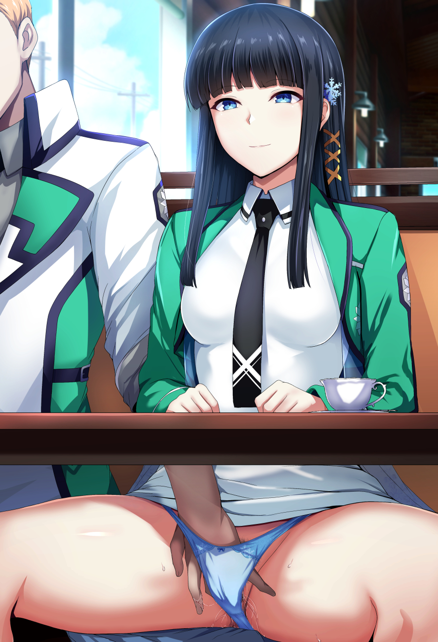 1boy 1girl black_hair black_necktie blue_eyes blue_panties commentary_request cup daiaru dress false_smile first_high_school_uniform green_jacket hair_ornament hand_in_panties hetero highres indoors jacket long_hair looking_ahead mahouka_koukou_no_rettousei multicolored_jacket necktie panties public_indecency pussy_juice school_uniform shiba_miyuki smile snowflake_hair_ornament square-end_necktie stealth_fingering teacup two-tone_jacket under_table underwear white_dress white_jacket