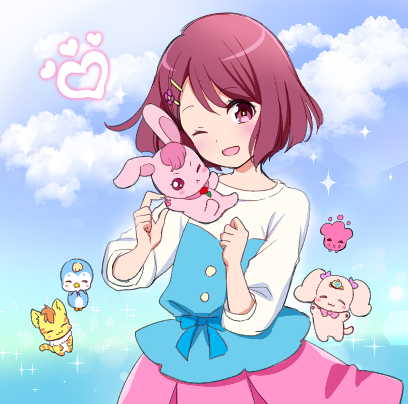 1girl :d bird blush cat dog flower hair_flower hair_ornament hairclip hanadera_nodoka healin&#039;_good_precure healing_animal latte_(precure) looking_at_viewer nyatoran_(precure) one_eye_closed open_mouth pegitan_(precure) penguin pink_eyes pink_hair precure rabbit rabirin_(precure) short_hair smile yamada_ichizoku