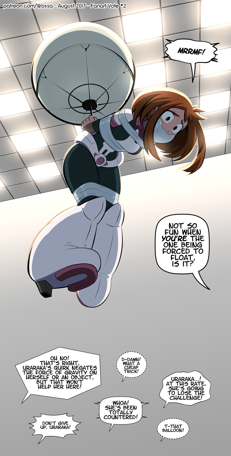 wossarem, uraraka ochako, boku no hero academia, highres, 10s, arms behind  back, bdsm, bodysuit, bondage, bound, breasts, brown eyes, brown hair,  defeat, english text, full body, gag, gagged, high heels, humiliation,  improvised