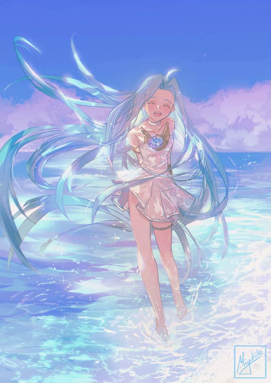 1girl ^_^ absurdly_long_hair ahoge arms_behind_back barefoot blue_hair blue_sky choker closed_eyes collarbone day dress facing_viewer floating_hair granblue_fantasy hair_intakes highres jewelry long_hair lyria_(granblue_fantasy) miyukiko outdoors pleated_dress short_dress sky sleeveless sleeveless_dress solo standing strapless strapless_dress thighlet very_long_hair white_choker white_dress