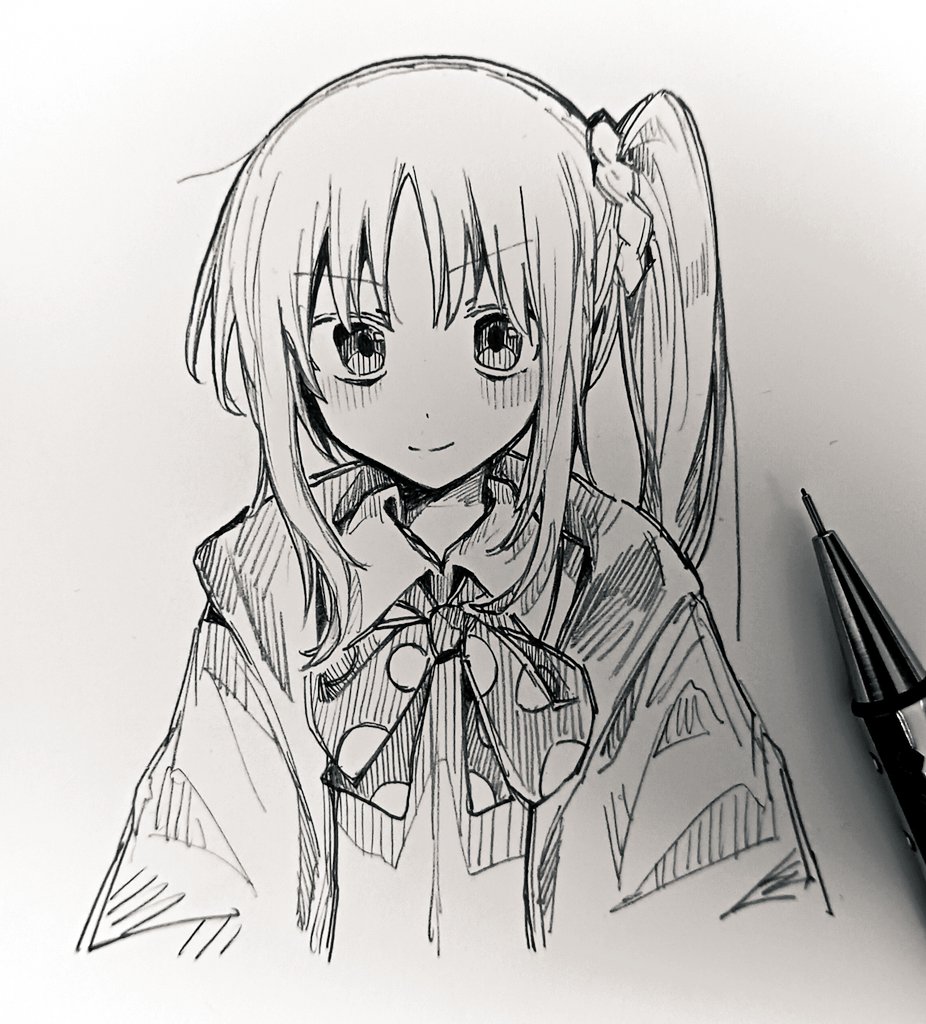 1girl art_tools_in_frame blush bocchi_the_rock! closed_mouth commentary_request cropped_torso graphite_(medium) greyscale hatching_(texture) ijichi_nijika jacket linear_hatching long_hair long_sleeves looking_at_viewer mechanical_pencil monochrome pencil ribbon school_uniform shimokitazawa_high_school_uniform side_ponytail takoiro traditional_media woven_hatching