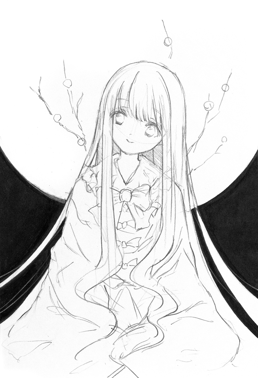 1girl blush bow bow_button bowtie branch brooch closed_mouth collared_shirt commentary_request cowboy_shot dot_nose eyelashes frilled_shirt_collar frills full_moon greyscale happy head_tilt highres hime_cut houraisan_kaguya ikeda_ruriko jeweled_branch_of_hourai jewelry long_hair long_sidelocks long_sleeves looking_at_viewer monochrome moon shirt sidelocks sitting sketch skirt sleeves_past_fingers sleeves_past_wrists smile solo straight-on touhou very_long_hair wavy_hair wide_sleeves
