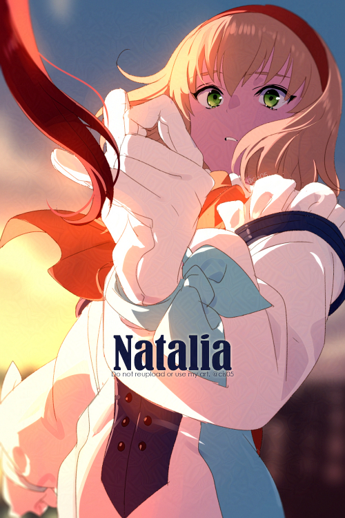 1girl blonde_hair coat echo_(circa) gloves green_eyes hairband long_hair looking_at_viewer natalia_luzu_kimlasca_lanvaldear open_mouth reaching reaching_towards_viewer red_hair red_scarf scarf short_hair solo_focus standing tales_of_(series) tales_of_the_abyss upper_body white_gloves