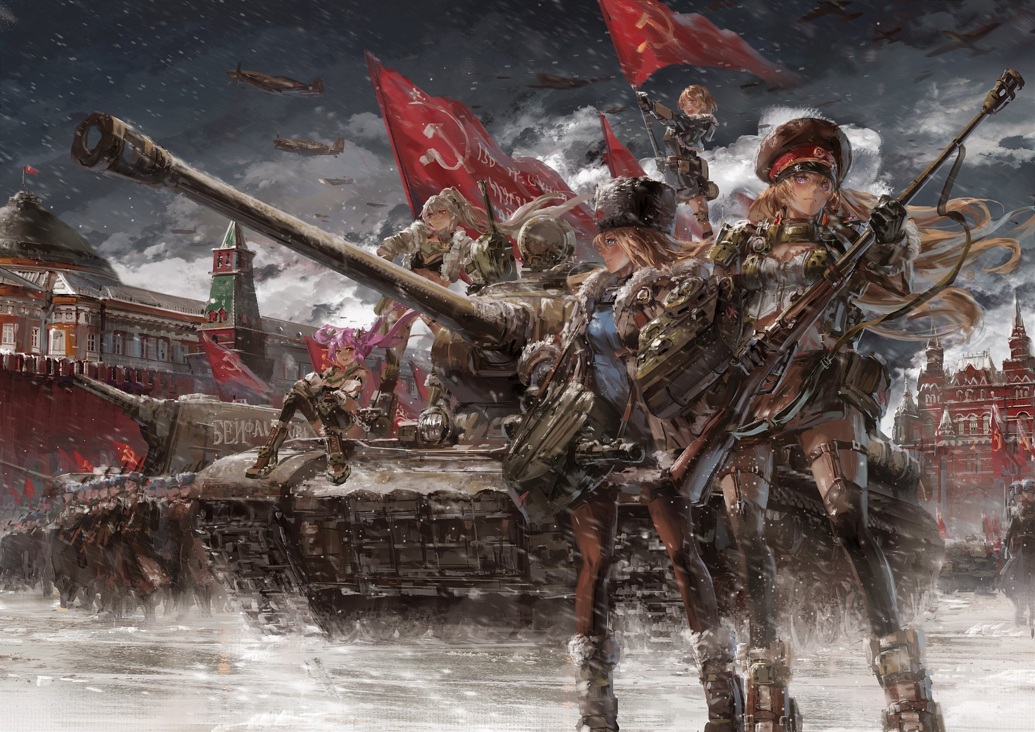 airplane army blonde_hair blue_eyes bolt_action boots grey_hair gun hammer_and_sickle highres is-2 kishiyo kremlin kv-2 long_hair mecha_musume military military_uniform military_vehicle mosin-nagant motor_vehicle panzer_waltz pink_hair ponytail purple_eyes red_eyes rifle russian_text short_hair sky snow tank twintails ussr weapon