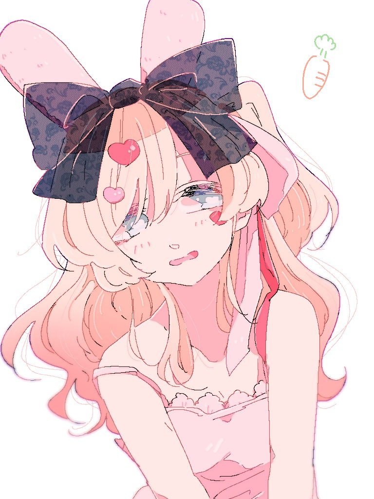 1girl animal_ears aqua_eyes blonde_hair bow camisole carrot_print collarbone floral_print food_print hair_bow hair_ornament heart heart_hair_ornament heart_sticker kedarui_aashii kimi_no_koto_ga_dai_dai_dai_dai_daisuki_na_100-nin_no_kanojo light_blush long_hair nanoka_7no open_mouth pink_camisole rabbit_ears see-through_bow solo upper_body