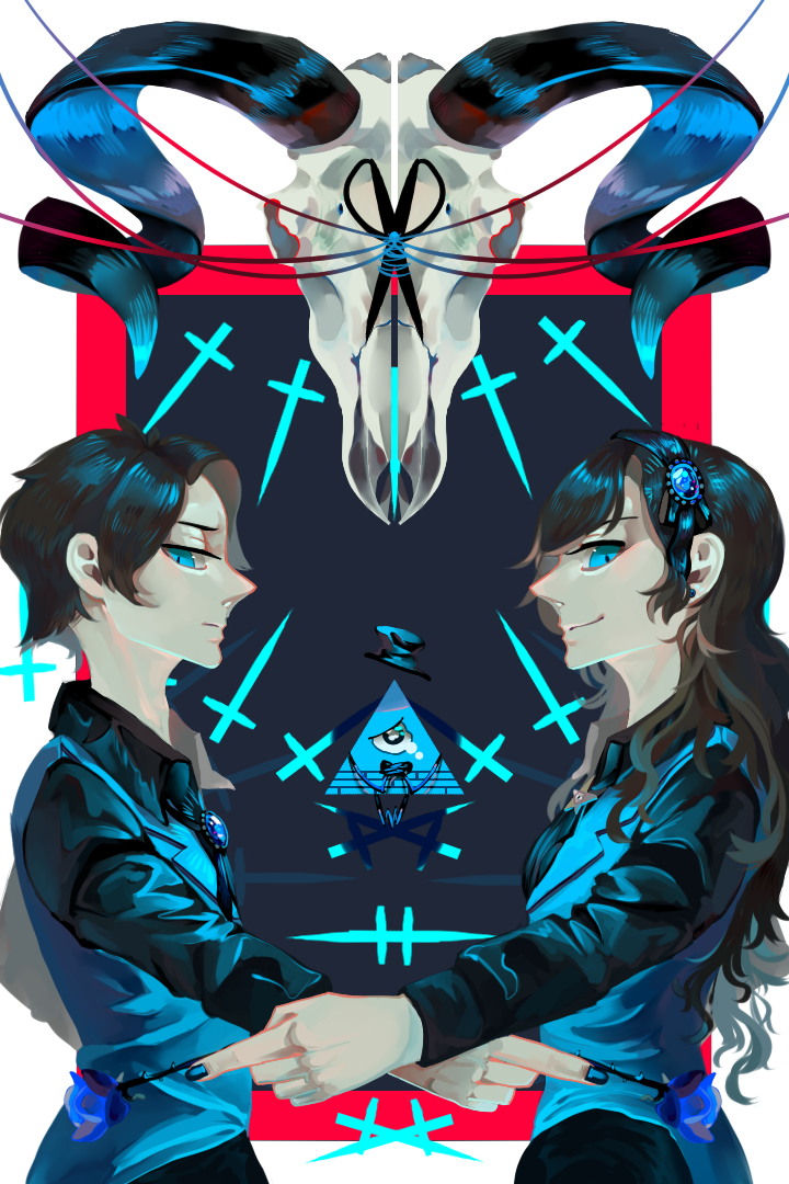 1boy 1girl aqua_eyes aqua_vest ascot bill_cipher blue_flower blue_rose brooch brother_and_sister brown_hair collared_shirt dark_persona dipper_gleeful dipper_pines facial_mark flower forehead_mark formal_clothes gem glowing_jewelry goat_skull gravity_falls hair_ornament hairband jewelry leftriver long_hair mabel_gleeful mabel_pines mirrored pentagram rose shirt short_hair siblings skull sorcery swept_bangs twins vest will_cipher