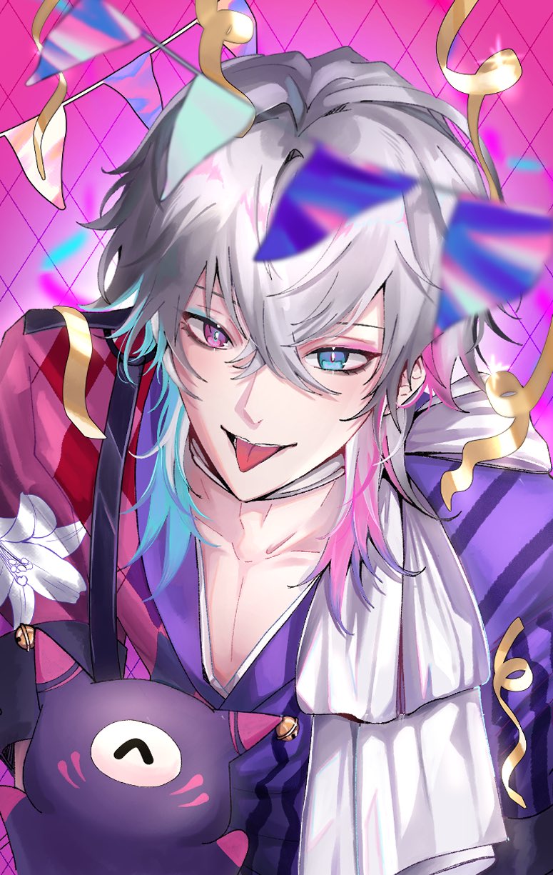 1boy bishounen blue_eyes blue_eyeshadow blue_hair coat collarbone confetti creature crossed_bangs eyeshadow floral_print from_above gavis_bettel gavis_bettel_(1st_costume) grey_hair hair_between_eyes hashtag-only_commentary heterochromia highres holding holostars holostars_english lily_print looking_at_viewer makeup male_focus medium_hair multicolored_coat multicolored_hair niicomode open_mouth pale_skin pectoral_cleavage pectorals phantom_(gavis_bettel) pink_eyes pink_eyeshadow pink_hair scarf smile streamers striped_coat tongue tongue_out upper_body vertical-striped_coat virtual_youtuber white_scarf