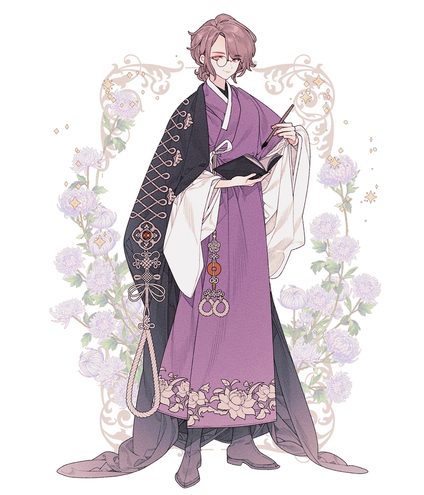 1boy 1girl black_boots book boots brown_hair calligraphy_brush closed_mouth curly_hair dress floral_background flower frills full_body gem glasses gold_embroidery hakama holding holding_book holding_calligraphy_brush holding_paintbrush japanese_clothes lemon89h light_smile long_sleeves looking_at_viewer makeup male_focus orange_eyes original paintbrush purple_flower purple_hakama red_gemstone rococo_movement round_eyewear solo standing wide_sleeves