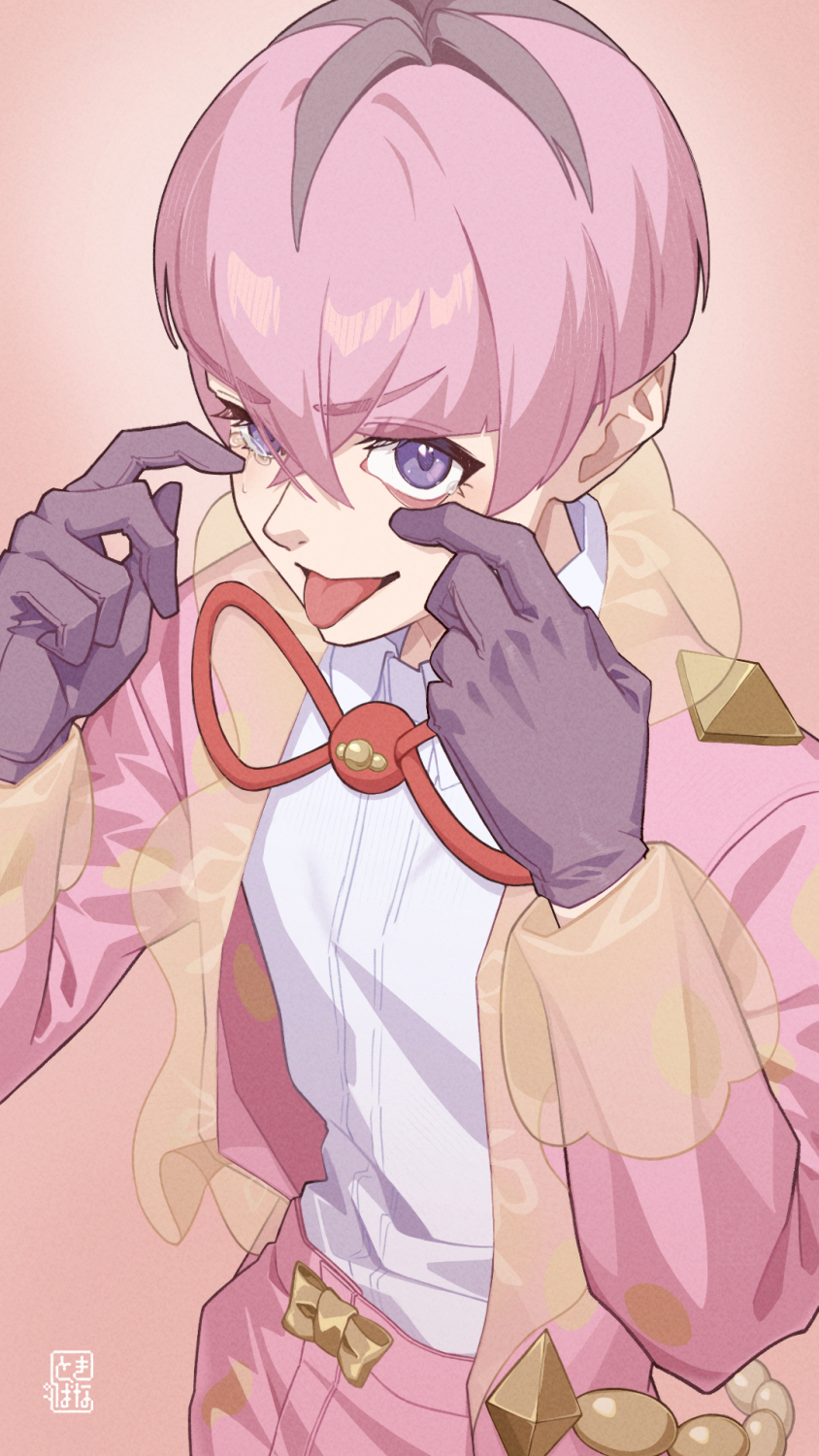 1boy coat commentary_request crossed_bangs eyelid_pull gloves hands_up highres long_sleeves male_focus nintendo open_clothes open_coat orange_background ortega_(pokemon) pants pink_coat pink_hair pink_pants pokemon pokemon_sv shirt short_hair solo team_star tokiba_nagamu tongue tongue_out white_shirt