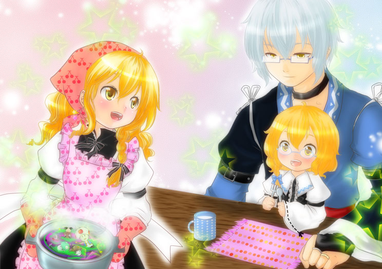 1boy 1up 2girls apron bad_food child crossover food glasses goomba headscarf if_they_mated kirisame_marisa mario_(series) morichika_rinnosuke multiple_girls mushroom nichi_(artist) nichi_(omicon2pc) nintendo pink_headscarf ribbon super_mario_bros._1 toad_(mario) touhou unmoving_pattern