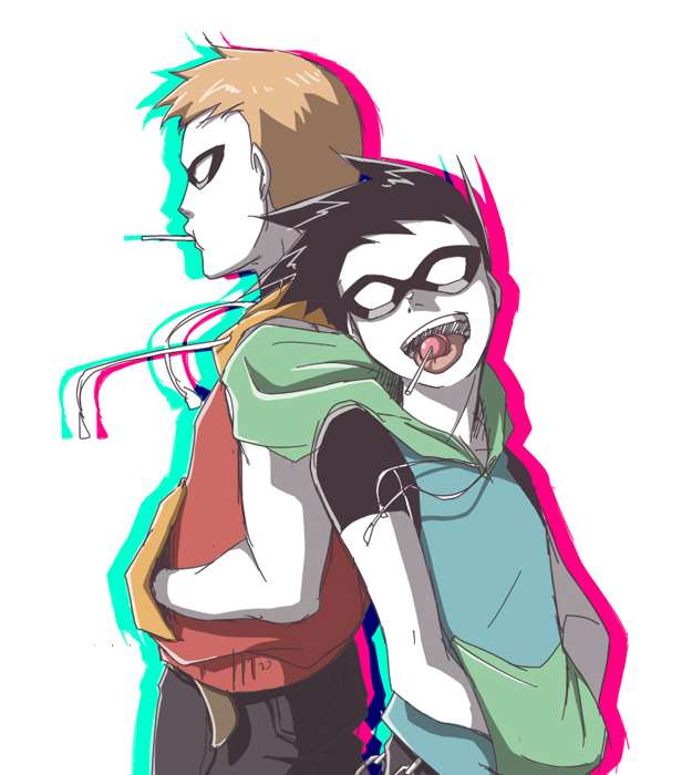 2boys anaglyph back-to-back black_hair candy dc_comics dick_grayson domino_mask food hood hoodie ladama male_focus mask multiple_boys open_mouth orange_hair robin_(dc) roy_harper speedy teen_titans