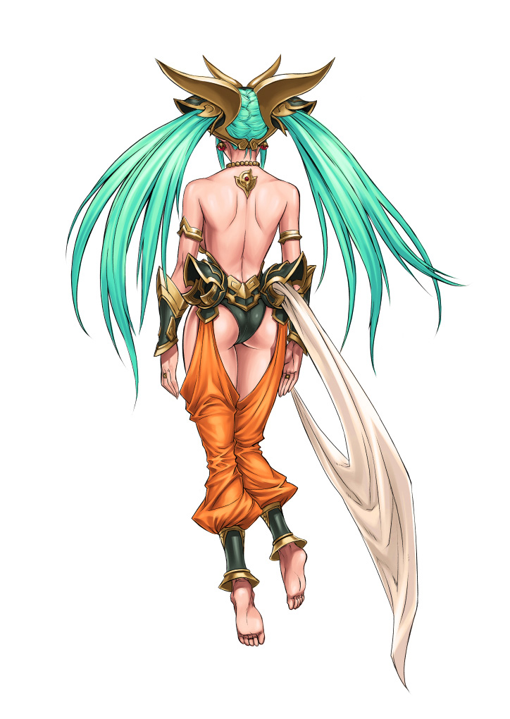 1girl aqua_hair armband ass back bare_shoulders barefoot benten_(cho_aniki) blue_eyes bracer breasts cho_aniki cho_aniki_zero cleavage covered_navel earrings female_focus from_behind hair_ornament harem_pants headgear hip_focus jewelry large_breasts leotard long_hair lots_of_jewelry necklace official_art pants pointy_ears simple_background solo thighs twintails