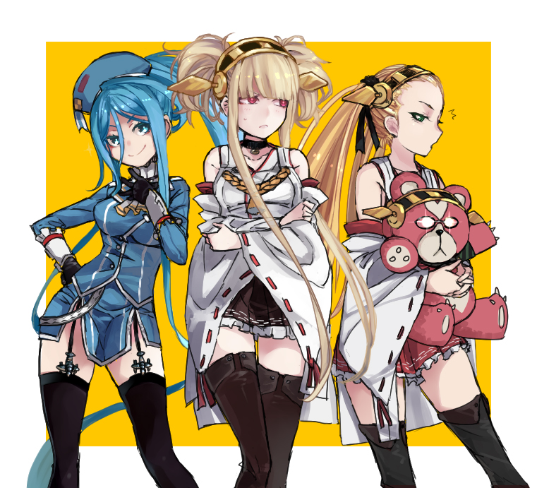 3girls aoki_hagane_no_arpeggio black_legwear blonde_hair blue_eyes blue_hair cosplay crossover detached_sleeves garter_straps green_eyes haruna_(aoki_hagane_no_arpeggio) haruna_(kancolle) haruna_(kancolle)_(cosplay) hat headgear kantai_collection kirishima_(aoki_hagane_no_arpeggio) kirishima_(kancolle) kirishima_(kancolle)_(cosplay) kongou_(aoki_hagane_no_arpeggio) kongou_(kancolle) kongou_(kancolle)_(cosplay) kumonji_aruto long_hair multiple_girls name_connection nontraditional_miko parody red_eyes smile stuffed_animal stuffed_toy takao_(aoki_hagane_no_arpeggio) takao_(kancolle)_(cosplay) takao_(kancolle) thighhighs yotarou_(aoki_hagane_no_arpeggio)