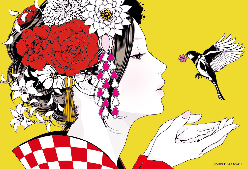 1girl artist_name bird bird_request black_eyes black_hair checkered_clothes checkered_kimono commentary_request cupping_hands eyelashes fingernails flower flower_request flying from_side hair_flower hair_ornament hairstyle_request half-closed_eyes hands_up japanese_clothes kimono looking_at_animal original own_hands_together pale_skin parted_lips pink_flower portrait profile red_flower red_kimono short_hair sidelocks simple_background solo takanashi_shin tassel two-tone_kimono white_flower white_kimono yellow_background