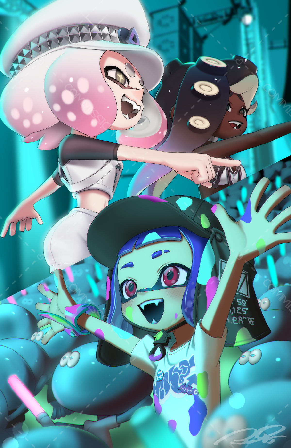 3girls aqua_eyes arms_up aviator_cap bikini black_hair black_hat black_tongue blonde_hair breasts chin_strap choker cleavage commentary commission concert crop_top cross-shaped_pupils dark-skinned_female dark_skin english_commentary eyebrow_cut fangs furrowed_brow glowstick gradient_hair hat highres holding holding_glowstick inkling inkling_girl inkling_player_character jellyfish_(splatoon) jewelry long_hair marina_(grand_festival)_(splatoon) marina_(splatoon) medium_hair midriff mismatched_eyebrows mole mole_under_mouth multicolored_hair multiple_girls navel necklace nintendo octoling official_alternate_costume open_mouth paint_splatter pants parted_bangs peaked_cap pearl_(grand_festival)_(splatoon) pearl_(splatoon) pink_eyes print_shirt puchiman purple_hair shirt short_hair signature smile splatoon_(series) splatoon_3 swimsuit symbol-shaped_pupils t-shirt tentacle_hair two-tone_hair watermark white_bikini white_choker white_hair white_hat white_pants white_shirt wristband yellow_eyes