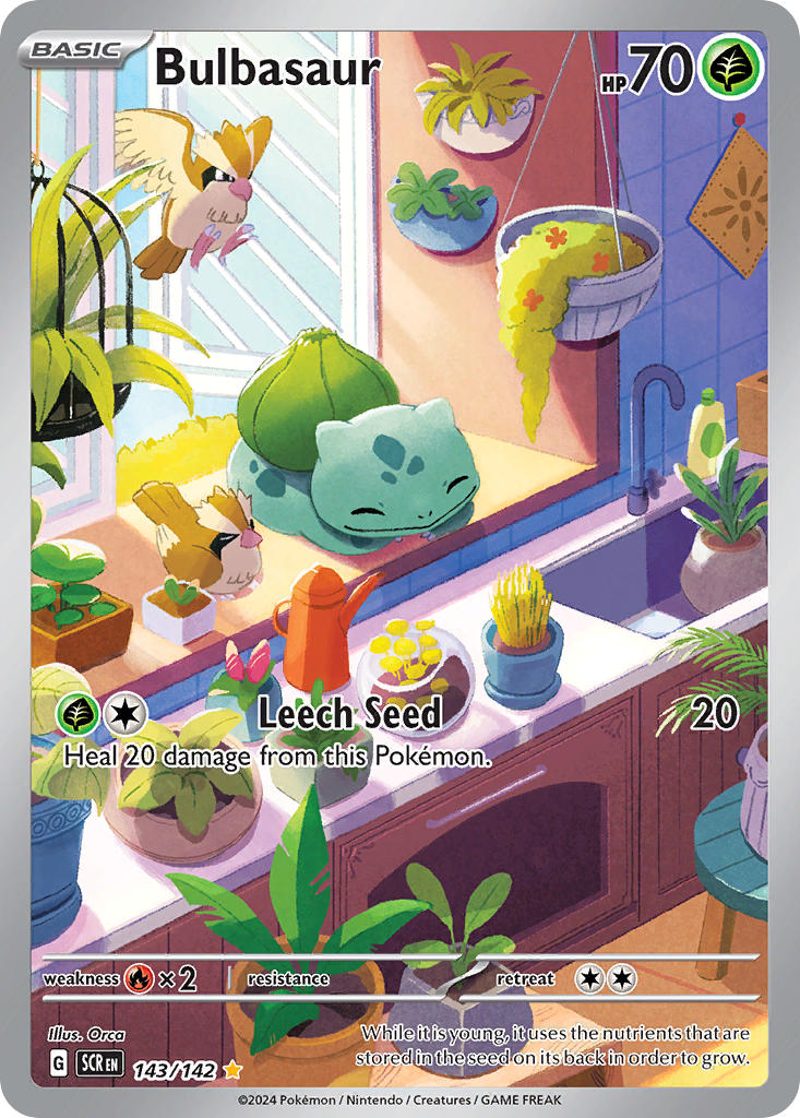 artist_name bird bud bulbasaur card_(medium) character_name closed_eyes closed_mouth company_name copyright_name copyright_notice counter english_text faucet flying gen_1_pokemon hanging_plant indoors nintendo no_humans nostrils official_art open_window orca_(pokemon) pidgey plant pokemon pokemon_(creature) pokemon_card pokemon_focus pokemon_tcg potted_plant sink smile third-party_source trading_card window