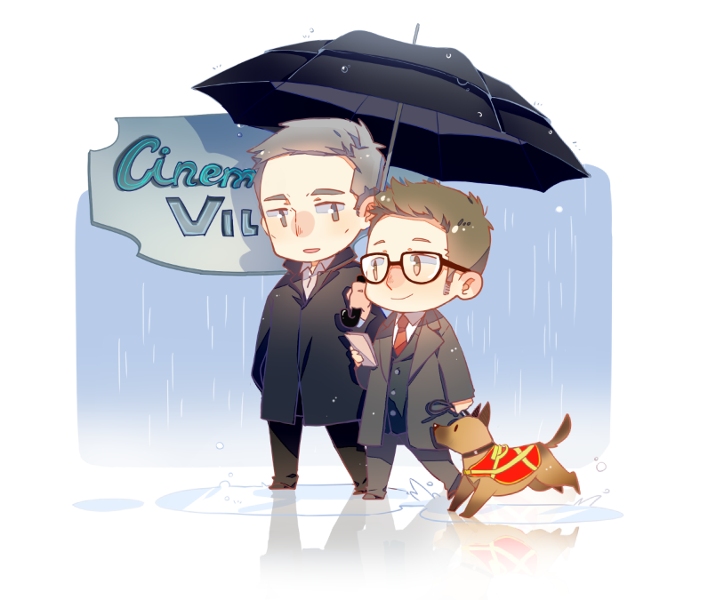 2boys bear_(person_of_interest) black_suit brown_hair dog eye_contact formal_clothes full_body glasses grey_hair hair_slicked_back harold_finch_(person_of_interest) holding holding_umbrella john_reese_(person_of_interest) lingcat long_sideburns looking_at_another male_focus mature_male multicolored_hair multiple_boys person_of_interest puddle rain reflection reflective_water short_hair side-by-side sideburns smile streaked_hair suit umbrella walking