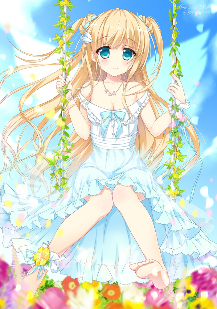 1girl ameto_yuki ankle_garter bare_shoulders barefoot blonde_hair blue_eyes blush bow breasts cleavage dress feet female_focus field flower flower_field hair_bow jewelry long_hair necklace off_shoulder on_swing original petals plant sitting smile solo swing twintails two_side_up very_long_hair vines wings