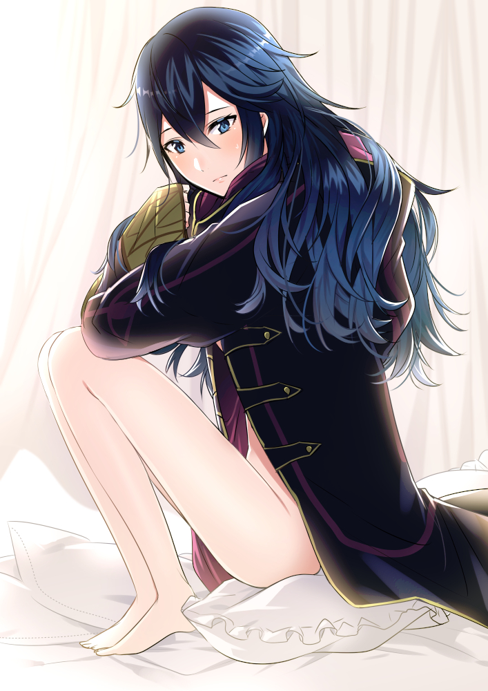 alternate_costume ameno_(a_meno0) bare_legs barefoot bed blue_eyes blue_hair coat fire_emblem fire_emblem_awakening frown hair_between_eyes long_hair looking_at_viewer lucina_(fire_emblem) male_robin_(fire_emblem) male_robin_(fire_emblem)_(cosplay) naked_coat nintendo on_bed pillow sitting solo sweat sweatdrop symbol-shaped_pupils thighs