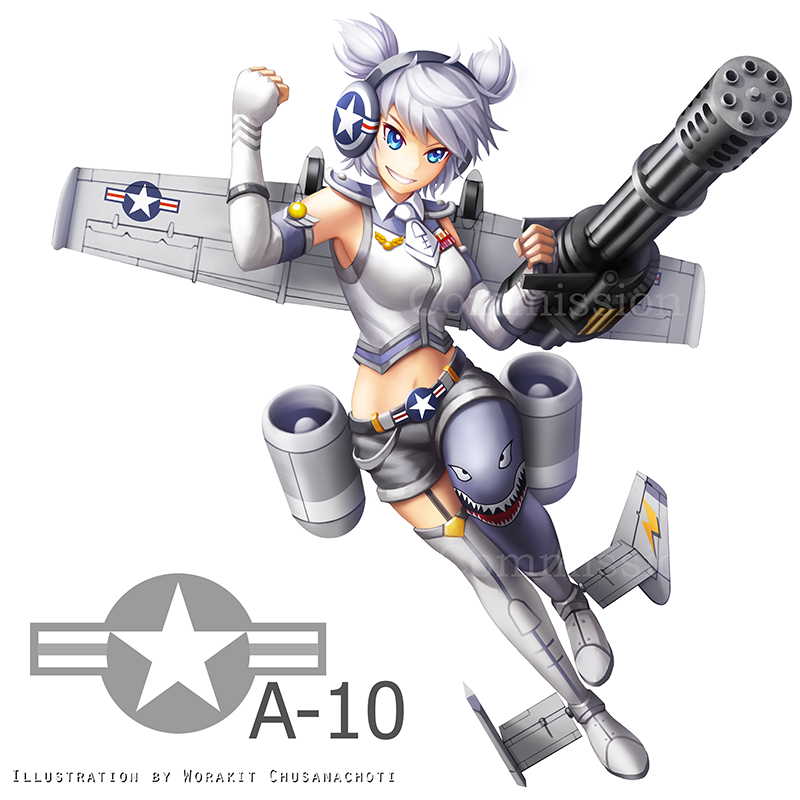 1girl a-10_thunderbolt_ii aircraft airplane artist_name autocannon blue_eyes breasts cannon detached_sleeves earmuffs engine english_text epaulettes gatling_gun gau-8_avenger gun leaning looking_at_viewer mecha_musume medium_breasts midriff multiple-barrel_gun navel non-web_source nose_art original personification rotary_cannon shark_nose_art shark_print shirt short_hair short_twintails shorts simple_background single_thighhigh sleeveless sleeveless_shirt smile solo star_(symbol) starbownext thighhighs tsurime twintails watermark white_background white_hair wings