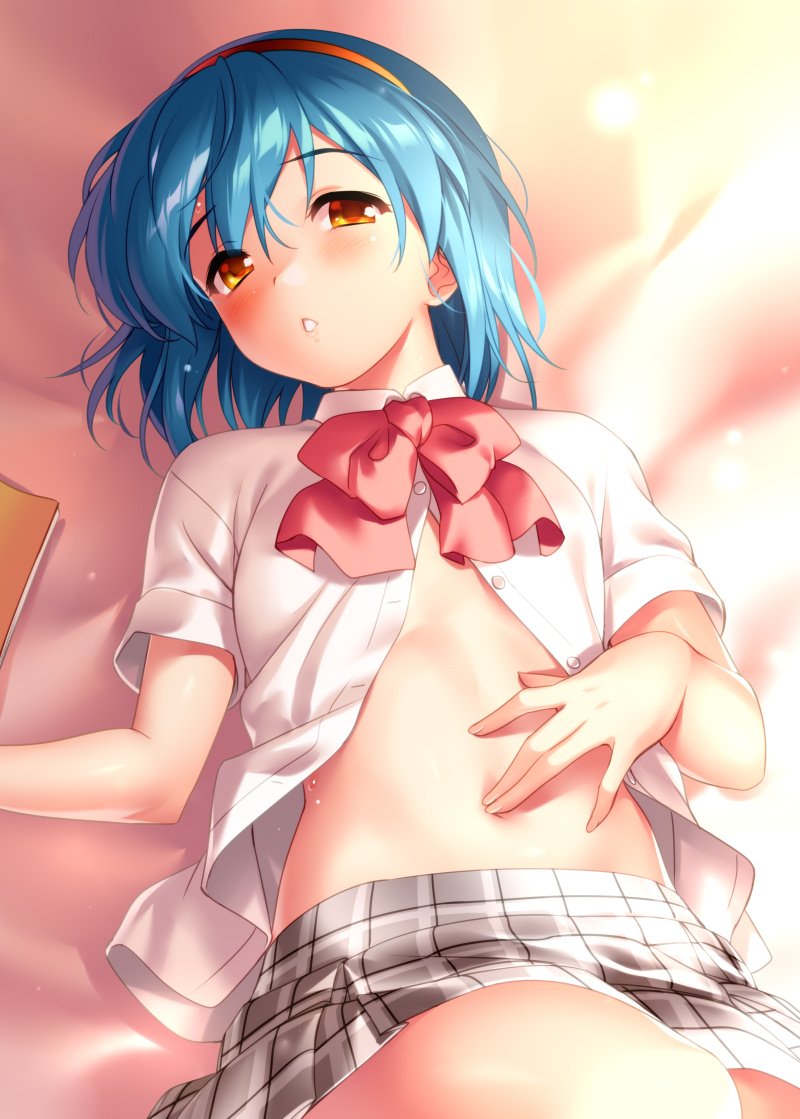 1girl bed blue_hair book bow brown_eyes cowboy_shot flat_chest grey_skirt hairband little_busters! lying navel nishizono_mio open_clothes open_shirt parted_lips plaid_clothes plaid_skirt pleated_skirt red_bow red_hairband school_uniform short_hair short_sleeves skirt solo zen