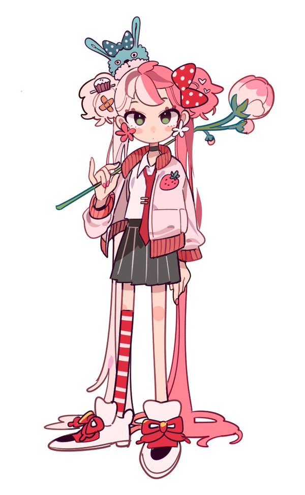 1girl :o absurdly_long_hair ahoge animal_hat bandaid bandaid_hair_ornament black_skirt blue_hat blush_stickers bow bud collared_shirt colored_eyelashes commentary cupcake dated_commentary dolman_(dm) earrings flower flower_earrings food food-themed_hair_ornament food_print footwear_ribbon fruit_print full_body fur-trimmed_headwear fur_trim green_eyes hair_bow hair_ornament hat heart heart_hair_ornament holding holding_flower jacket jersey jewelry kneehighs long_hair mini_hat miniskirt mismatched_earrings multicolored_hair nail_polish necktie open_clothes open_jacket original over_shoulder oversized_flower parted_lips pink_hair pink_nails pleated_skirt pocket polka_dot polka_dot_background rabbit_hat red_bow red_necktie red_ribbon red_socks ribbon shirt shoes simple_background single_bare_leg single_kneehigh single_sock skirt sneakers socks solo strawberry_print striped_clothes striped_socks tie_clip twintails two-tone_hair two_side_up very_long_hair white_background white_hair white_jacket white_shirt white_shoes white_sleeves