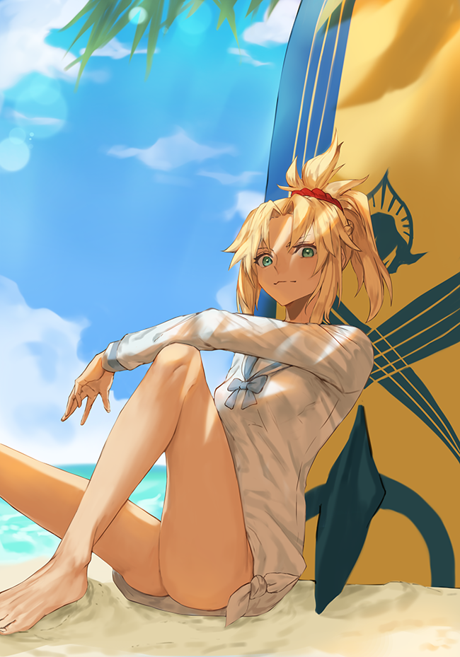 barefoot beach blonde_hair fate/grand_order fate_(series) green_eyes holding holding_behind_back mordred_(fate) mordred_(swimsuit_rider)_(fate) mordred_(swimsuit_rider)_(second_ascension)_(fate) ponytail prydwen_(fate) sailor_collar sailor_shirt sand shirt side-tie_shirt sitting smile surfboard white_shirt yepnean