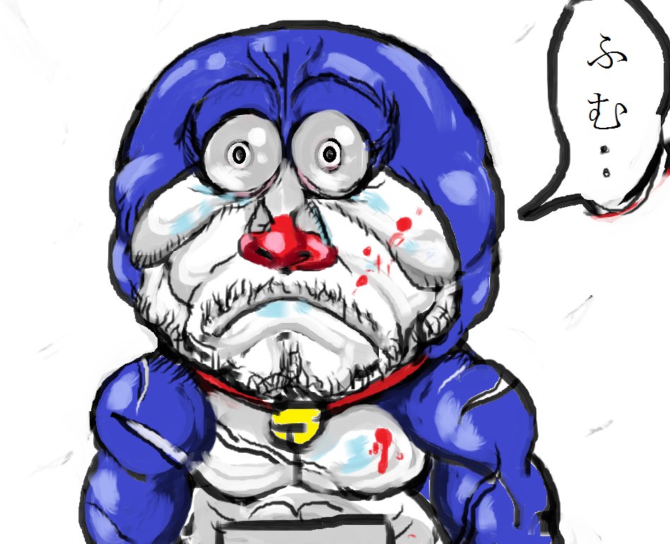 1boy :&lt; beard blood blood_on_face creepy doraemon doraemon_(character) facial_hair grappler_baki miyamoto_musashi_(grappler_baki) parody simple_background solo translated white_background