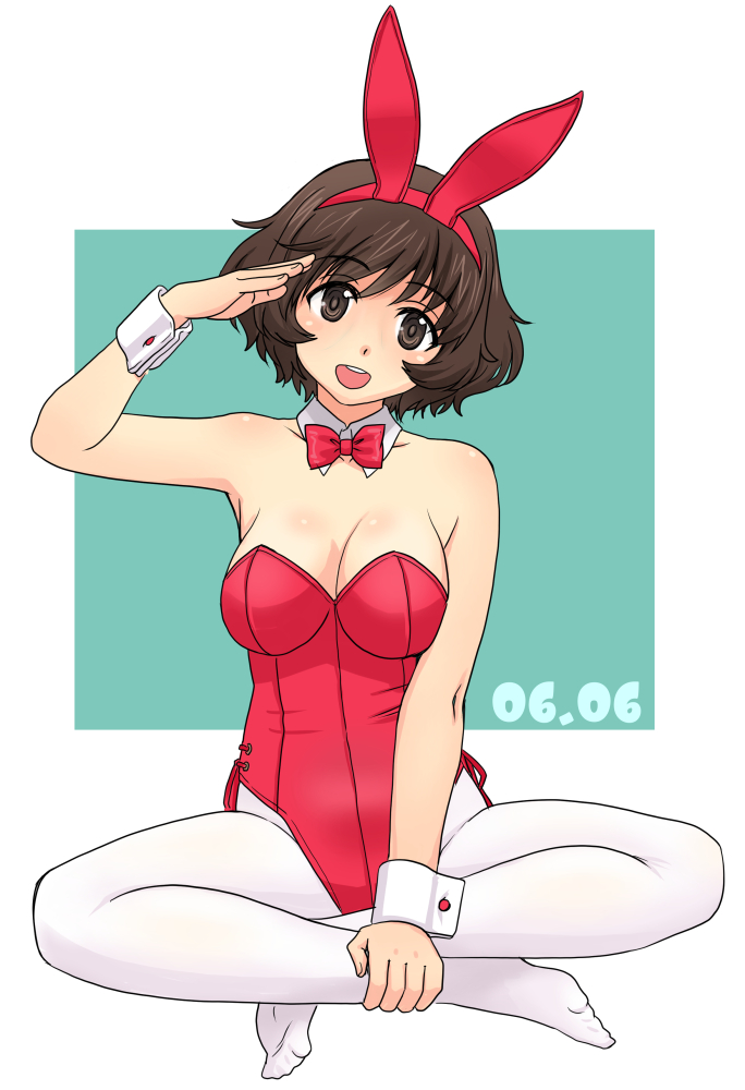 1girl akiyama_yukari animal_ear_hairband animal_ears aqua_background barefoot bow bowtie breasts brown_eyes brown_hair cleavage collarbone dated detached_collar fake_animal_ears girls_und_panzer hairband hand_on_own_leg indian_style leotard looking_at_viewer nontraditional_playboy_bunny open_mouth pantyhose playboy_bunny rabbit_ear_hairband rabbit_ears red_bow red_bowtie red_leotard short_hair side-tie_leotard sitting solo strapless strapless_leotard teeth uona_telepin upper_teeth_only white_pantyhose wrist_cuffs