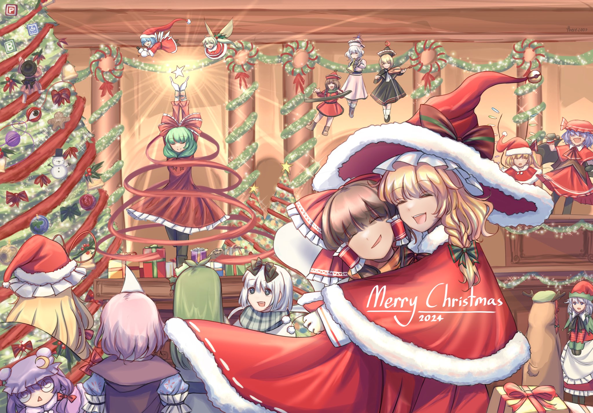 2024 6+girls alternate_costume alternate_headwear_color animal_costume apron ascot bat_wings bell blonde_hair blue_hair bomb_item_(touhou) bow bowl bowl_hat box braid brown_hair capelet christmas_tree cirno climbing_tree closed_eyes commentary crescent crescent_hat_ornament crystal crystal_wings daiyousei detached_wings dress english_commentary english_text eyeball fairy fairy_wings flandre_scarlet flying frilled_bow frilled_hair_tubes frills fur-trimmed_capelet fur-trimmed_headwear fur_trim gift gift_box gingerbread_man glowing green_bow green_hair green_hat green_scarf grey_hair hair_bow hair_tubes hakurei_reimu hat hat_bell hat_bow hat_ornament hat_ribbon highres holding holding_microphone hong_meiling hug ice ice_wings indoors instrument izayoi_sakuya kagiyama_hina keyboard_(instrument) kirisame_marisa kochiya_sanae komeiji_koishi komeiji_satori konpaku_youmu long_hair long_sleeves lunasa_prismriver lyrica_prismriver merlin_prismriver merry_christmas microphone mini_person minigirl mixed-language_commentary mob_cap multiple_girls music open_mouth patchouli_knowledge pink_hair playing_instrument point_item_(touhou) power_item_(touhou) purple_hair red_ascot red_capelet red_dress red_ribbon reindeer_costume remilia_scarlet ribbon saigyouji_yuyuko santa_costume santa_dress santa_hat scarf seal_(animal) siblings side_braid singing single_braid sisters smile snowman star_(symbol) sukuna_shinmyoumaru there2007 touhou triangular_headpiece trumpet twin_braids violin waist_apron white_apron wings wrist_cuffs yakumo_yukari yuri