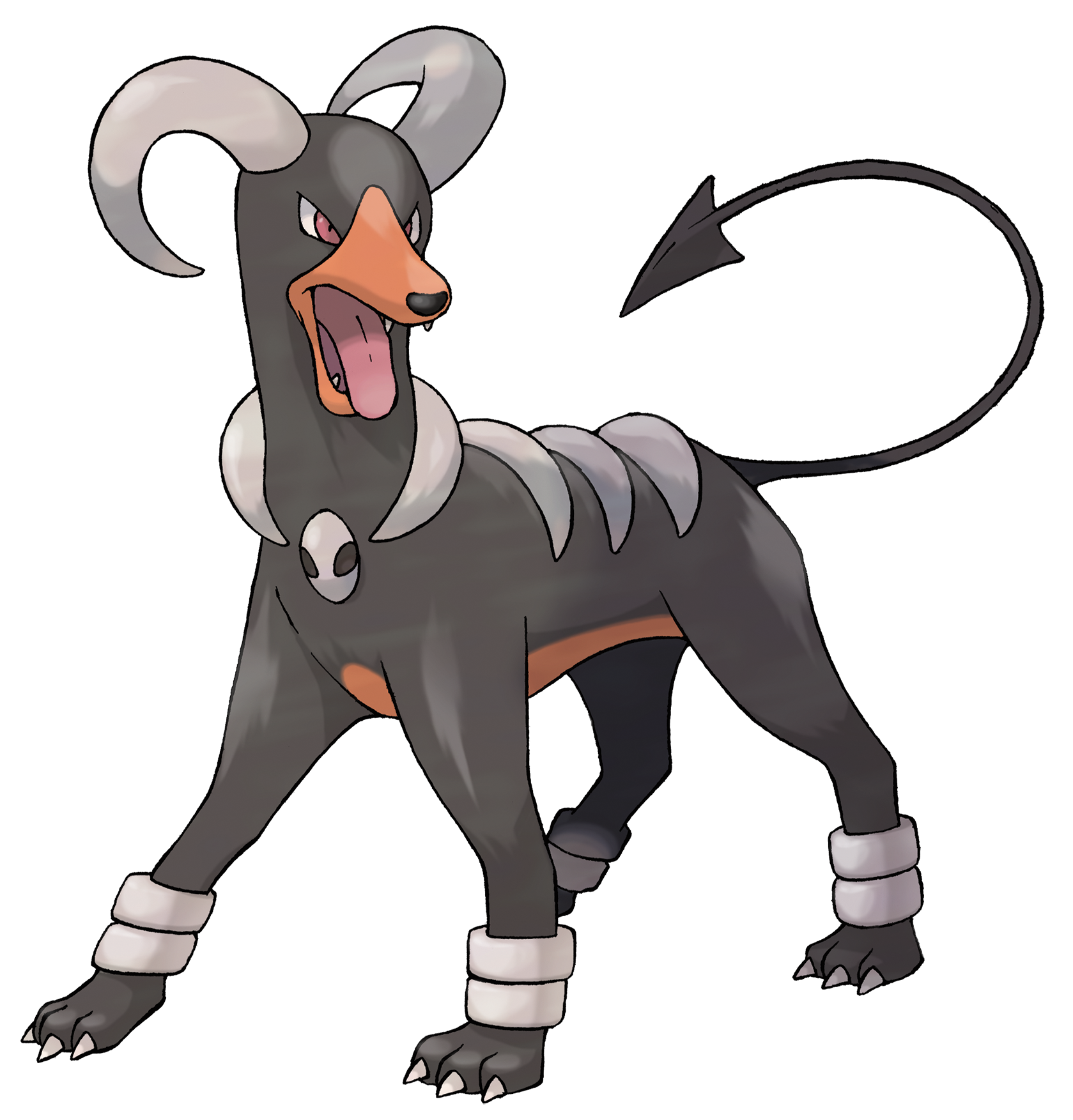 animal_focus claws demon_tail fangs full_body gen_2_pokemon highres horns houndoom nintendo no_humans official_art open_mouth pokemon pokemon_(creature) pokemon_focus pokemon_frlg red_eyes solo sugimori_ken tail third-party_source tongue tongue_out transparent_background