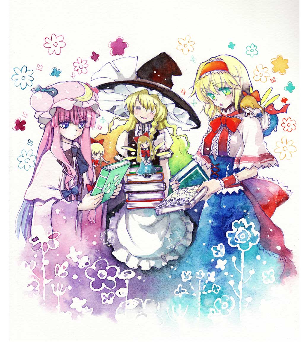 3girls adapted_costume alice_margatroid amano_miyabi apron black_hat black_ribbon black_skirt black_vest blonde_hair blue_dress blue_eyes blue_hair blue_ribbon blush book breasts buttons capelet closed_eyes crescent crescent_hat_ornament crescent_moon crescent_pin doll double_bun dress floating floating_flowers flower frilled_apron frilled_hat frilled_ribbon frilled_shirt_collar frilled_sleeves frills gradient_hair green_eyes green_hair hair_bun hair_ribbon hairband hands_on_own_face hat hat_ornament hat_ribbon head_tilt height_difference hiding hiding_behind_another highres holding holding_book kirisame_marisa leaning_on_person long_hair long_sleeves medium_breasts mob_cap moon multicolored_hair multiple_girls neck_ribbon open_mouth orange_hair painting_(medium) pajamas patchouli_knowledge petals pink_hat puffy_short_sleeves puffy_sleeves purple_dress purple_hair purple_pajamas red_hairband red_ribbon ribbon ribbon-trimmed_capelet ribbon-trimmed_clothes ribbon_trim serious shanghai_doll shirt short_sleeves sidelocks simple_background sitting sitting_on_books sitting_on_object skirt smile touhou traditional_media vest waist_ribbon watercolor_(medium) white_apron white_background white_capelet white_ribbon white_shirt wide_sleeves wings witch witch_hat wristband