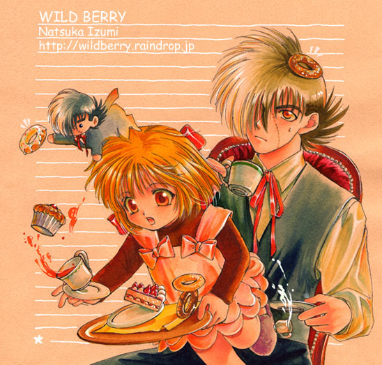 1girl 2boys apron artist_name bad_id black_hair black_jack_(character) black_jack_(series) black_pants black_vest bob_cut bow brown_shirt cake cake_slice chair chibi chibi_on_head collared_shirt cream cup donut falling food food_on_head frilled_apron frills fruit hair_bow hair_bun hands_up holding holding_cup holding_plate holding_tray izumi_natsuka leg_up long_sleeves looking_up muffin multiple_boys neck_ribbon object_on_head on_chair on_head open_mouth orange_background orange_eyes orange_hair pants pink_apron pink_ribbon pinoko plate purple_footwear reaching red_bow red_ribbon ribbon scar scar_on_face shirt sitting slippers stitches strawberry strawberry_shortcake sweatdrop tea teacup traditional_media tray tripping turtleneck turtleneck_shirt upper_body vest white_shirt wing_collar