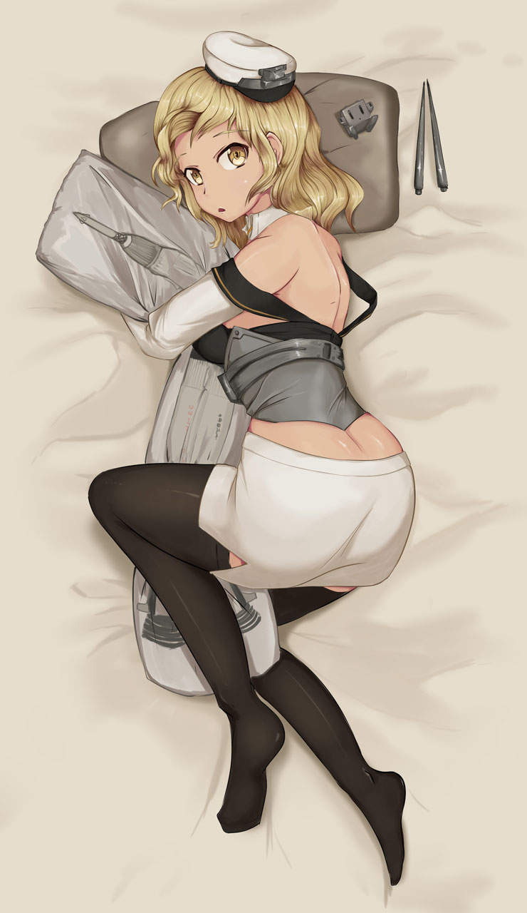 1girl bed black_thighhighs blonde_hair breasts commentary dakimakura_(object) english_commentary female_focus full_body hat headgear highres houston_(kancolle) hugging_object jakkit01828 kantai_collection large_breasts long_hair looking_at_viewer peaked_cap pillow pillow_hug rocket short_hair skirt solo thighhighs white_hat white_skirt yellow_eyes