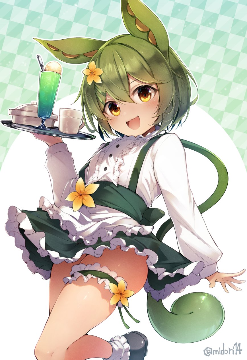 1girl blush drink flat_chest flower frilled_skirt frilled_thigh_strap frills green_hair green_skirt hair_flower hair_ornament highres holding holding_tray long_hair looking_at_viewer low_ponytail midori_(misuriru8) open_mouth pea_pod ponytail shirt skindentation skirt smile solo suspender_skirt suspenders thigh_strap thighs tray voiceroid voicevox waitress waitress_zundamon white_shirt yellow_eyes zundamon