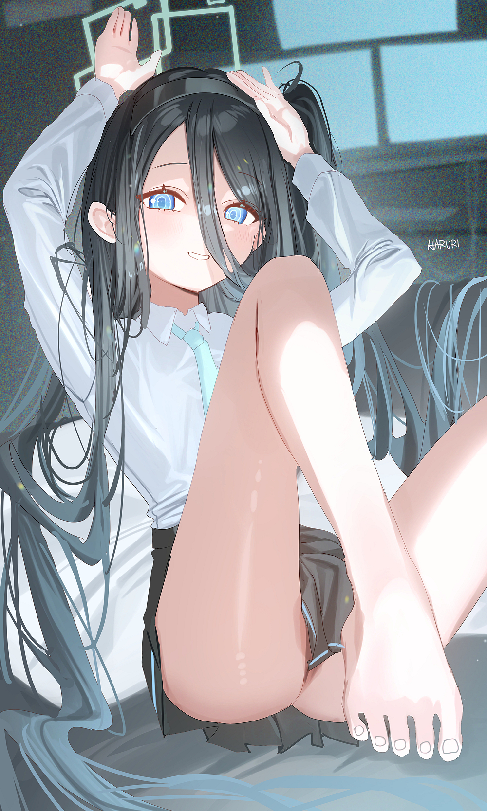 1girl aris_(blue_archive) barefoot black_hair blue_archive blue_eyes haruri highres long_hair long_sleeves looking_at_viewer necktie shirt smile solo white_shirt