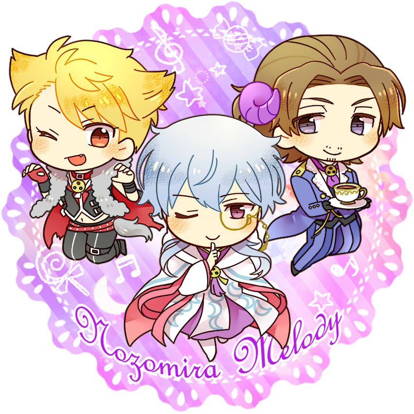 3boys :d black_gloves chibi chibi_only claw_pose commentary_request facial_hair fang fingerless_gloves gloves goatee_stubble hazama_michio holding holding_saucer idolmaster idolmaster_side-m jumping kinococcos long_hair looking_at_viewer maita_rui male_focus midriff monocle multiple_boys mustache_stubble navel official_alternate_costume one_eye_closed open_mouth orange_eyes pants pink_eyes purple_eyes red_gloves s.e.m_(idolmaster) saucer single_glove smile striped_clothes striped_pants stubble vertical-striped_clothes vertical-striped_pants yamashita_jiro