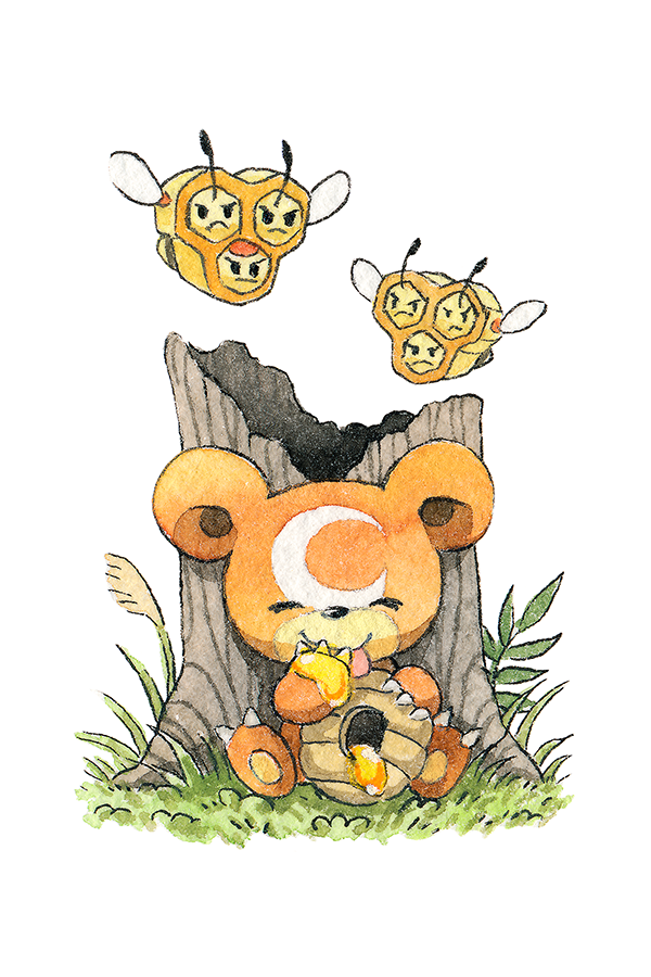 ^_^ angry beehive claws closed_eyes closed_mouth combee commentary crescent english_commentary flying frown gen_2_pokemon gen_4_pokemon grass hand_up honey licking licking_hand nintendo no_humans oliver_hamlin on_grass painting_(medium) plant pokemon pokemon_(creature) simple_background sitting smile teddiursa tongue tongue_out traditional_media tree_stump v-shaped_eyebrows watercolor_(medium) white_background