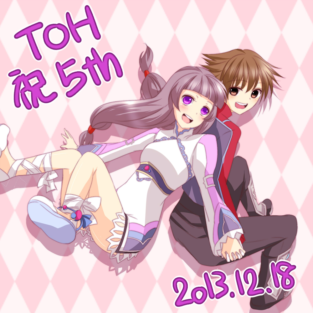 1boy 1girl black_hair blush bodysuit breasts brown_eyes brown_hair frills jacket kohaku_hearts long_hair low-tied_long_hair open_mouth pants purple_eyes ribbon kor_meteor shoes short_hair tales_of_(series) tales_of_hearts wide_sleeves