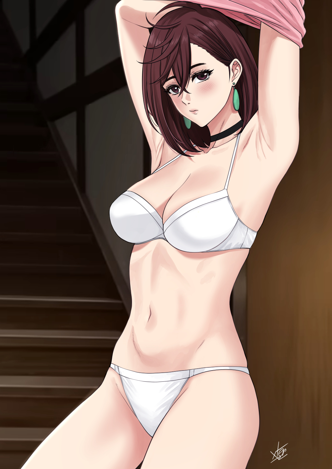 1girl armpits arms_up ayase_momo black_choker blurry blurry_background blush bra breasts brown_eyes brown_hair choker cleavage closed_mouth collarbone commentary cowboy_shot dandadan earrings hair_behind_ear hair_between_eyes highres indoors jewelry looking_at_viewer medium_breasts medium_hair navel panties signature solo stomach underwear undressing white_bra white_panties wooden_stairs xter