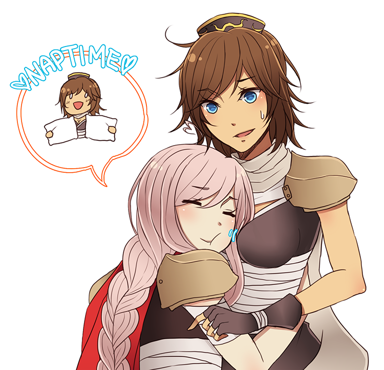 2girls :t armor assassin_(ragnarok_online) bandages bandages_over_clothes between_breasts black_shirt blue_eyes blush braid braided_ponytail breasts closed_eyes closed_mouth english_text face_between_breasts head_between_breasts hug long_hair looking_at_another medium_breasts multiple_girls open_mouth pauldrons pink_hair ragnarok_online rinslette shirt short_hair shoulder_armor simple_background sleeveless sleeveless_shirt upper_body white_background
