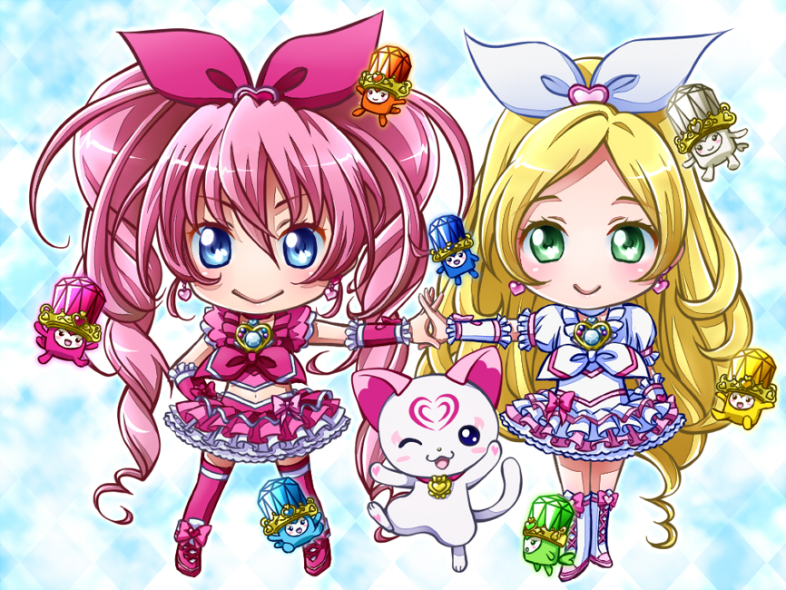 10s 2girls ;d asahi_haru blonde_hair blue_eyes boots bow brooch cat chibi choker cure_melody cure_rhythm dory fary frills full_body green_eyes hair_bow houjou_hibiki hummy_(suite_precure) jewelry knee_boots lary long_hair magical_girl midriff minamino_kanade miry multiple_girls navel no_nose one_eye_closed open_mouth pink_bow pink_hair pink_legwear precure rery shoes skirt smile sory suite_precure thighhighs tiry twintails white_choker wink wrist_cuffs