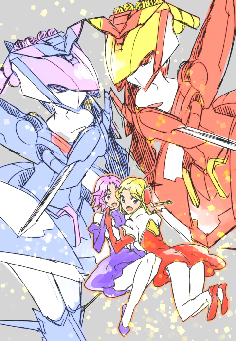 2girls akimoto_(akimomomoto) bad_id bad_pixiv_id blonde_hair fairlion grey_background holding_hands latune_subbota mecha multiple_girls purple_hair robot shine_hausen super_robot_wars super_robot_wars_original_generation