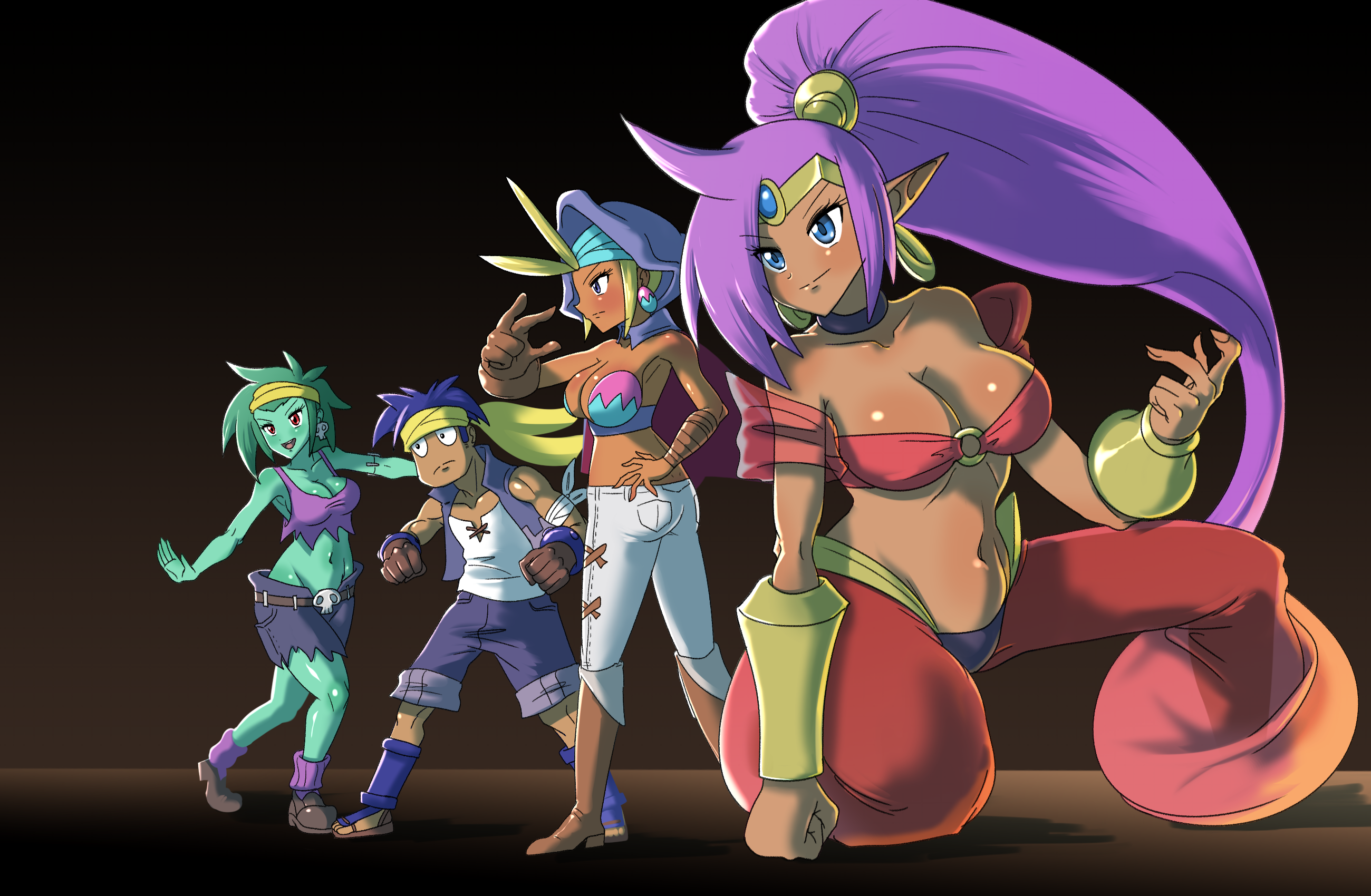 1boy 3girls ass bandana bell blonde_hair blue_eyes blue_hair bolo_(shantae) boots bracelet breasts brown_background dark-skinned_female dark-skinned_male dark_skin denim earrings full_body gloves gold gradient_background green_hair green_ski hand_on_own_hip highres hood jeans jewelry kneeling large_breasts multiple_girls navel o-ring pants pointy_ears purple_hair rottytops ruru_(sonicboom30813) shantae shantae_(series) shoes short_hair shorts skull sky_(shantae) vest