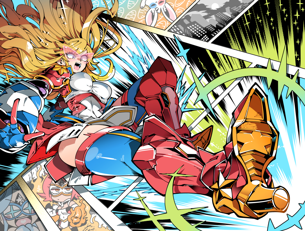 blonde_hair boots breasts chibi cityscape covered_navel foreshortening high_heel_boots high_heels incoming_kick kafun kamen_america_(comic) kamen_comet kamen_ramen leg_up open_mouth purple_eyes rabbit superhero_costume tagme teeth thighhighs u.s.a.-g.i. upper_teeth_only