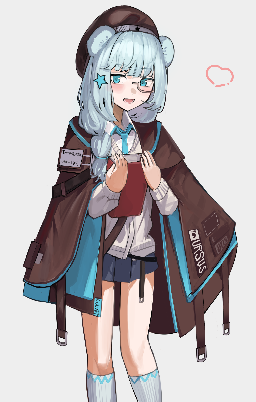 1girl :d animal_ears arknights blue_eyes blue_hair blue_necktie blush book brown_cloak brown_hat cardigan cloak clothes_writing commentary_request feet_out_of_frame grey-framed_eyewear grey_background grey_socks hair_ornament hat heart highres holding holding_book istina_(arknights) kneehighs long_sleeves looking_at_viewer lower_teeth_only medium_hair monocle necktie open_mouth partial_commentary semi-rimless_eyewear simple_background smile socks solo solokitsune standing star_(symbol) star_hair_ornament teeth under-rim_eyewear white_cardigan