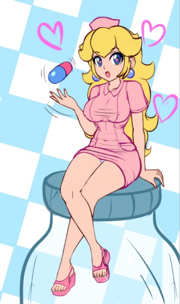 1girl blonde_hair blue_eyes bottle breasts checkered_background commission dr._mario_(game) earrings female_focus hat heart heart-shaped_pupils jar jewelry long_hair mario_(series) nail_polish nintendo nurse nurse_cap nurse_peach open_mouth pill princess_peach sandals sigurd_hosenfeld sitting sketch solo sphere_earrings symbol-shaped_pupils